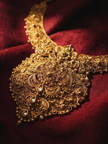 Macro close-up of 22k gold necklace on rich red silk, warm dramatic spotlight catching the intricate filigree work