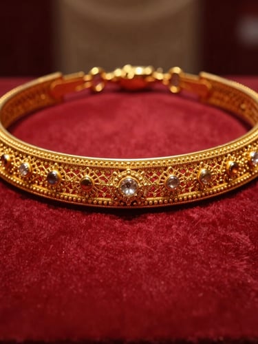 Macro close-up of a heavy gold bridal choker set resting on rich crimson velvet, warm showroom spotlights illuminating the fine filigree details, luxurious editorial jewelry photography.