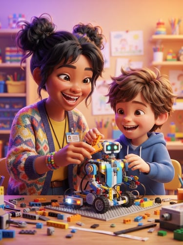 Playful 3D render of a Pixar-style chibi character, a young energetic educator with a child actively building a robot with LEGO bricks, bright studio lighting with purple and orange rim lights, focus on joyful expressions and working hands.