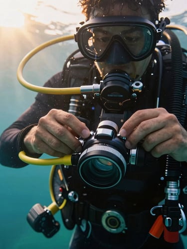 Close-up of a diver's hands adjusting professional scuba regulator gear, soft golden hour sunlight reflecting off the turquoise water surface, clean and focused composition.
