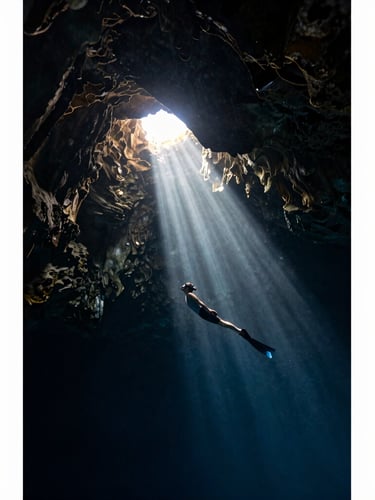 Dramatic beam of sunlight piercing through dark cenote waters, a single diver in perfect horizontal trim looking small against massive underwater cave formations, high-contrast chiaroscuro lighting, wide environmental shot