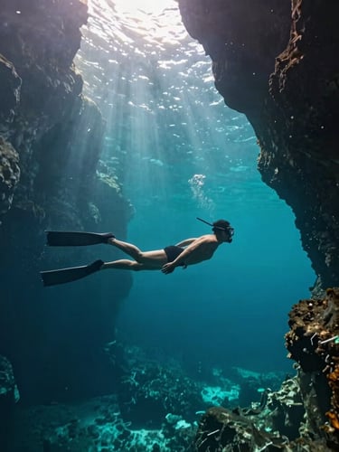 Wide-angle underwater portrait of a single diver in perfect horizontal trim, floating in a massive sun-drenched cenote cavern, sharp light beams piercing the deep turquoise water, dark rock formations framing the scene.