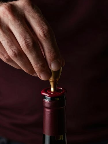 Close-up portrait of a hand carefully applying a wax seal to a rare wine bottle, emphasizing texture and detail, low-key dramatic chiaroscuro lighting, deep burgundy and black tones, shallow depth of field, 35mm