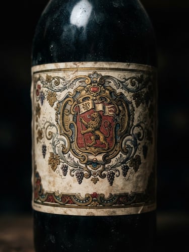 Close-up of a rare vintage wine bottle label, intricate details, dark glass, dramatic chiaroscuro lighting, deep shadows, luxurious atmosphere, shallow depth of field, 35mm