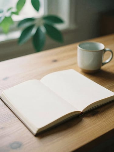 Soft diffused natural daylight filtering through green leaves onto a warm wooden desk with a clean open notebook and a ceramic mug, shallow depth of field, 35mm film aesthetic
