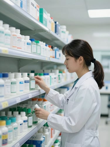 A professional medical warehouse with organized shelves of sterile clinical supplies, soft bright lighting, clean environment.