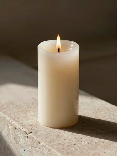 Warm editorial photography of a tall, thick minimalist pillar candle burning with a clean flame on a raw stone ledge, soft morning light, deep shadows, 35mm