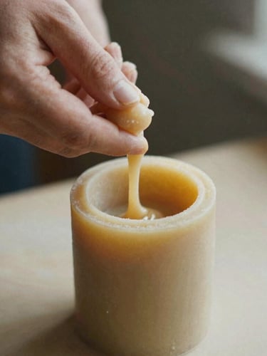 Warm editorial close-up of artisan hands pouring melted warm wax into a tall cylindrical mold, soft natural morning light, muted earth tones, 35mm