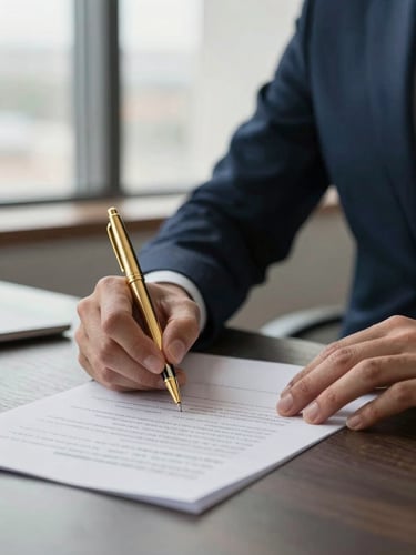 Close-up of a lawyer's hands signing a document on a textured paper, a gold pen in hand, modern office background with soft natural window light, deep navy and warm gold tones, shallow depth of field.