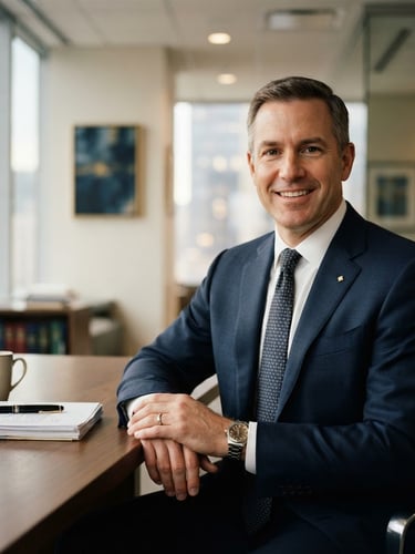 Professional corporate portrait of a male lawyer in a modern, minimalist office, soft natural window light, deep navy and warm gold tones, shallow depth of field, 50mm lens, looking confident and approachable.