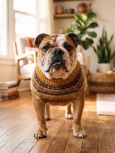 Bulldog ingles con suéter tejido a mano con colores otoñales y cuello alto
