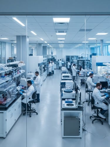 Wide-angle architectural view of a clean modern laboratory facility in Pennsauken, clinical cool lighting, white and sterile blue tones, high-precision instrumentation visible through glass.