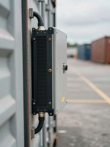 Close-up of a ruggedised IoT gateway device mounted to the exterior of a shipping container at a logistics yard — cable conduits and weather-sealed connectors visible, overcast natural daylight, slightly desaturated tones, concrete yard surface blurred in the background