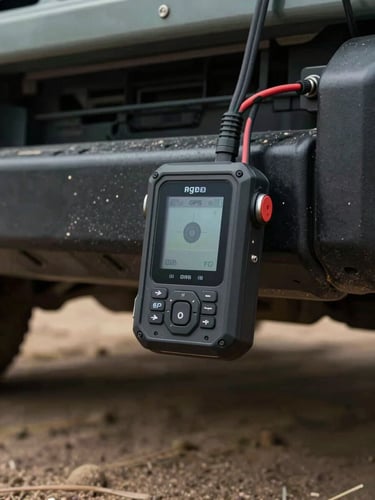 Close-up of a ruggedised GPS tracking device mounted on a vehicle chassis in a dusty field environment, wiring visible, overcast daylight, industrial deployment context, slightly desaturated tones