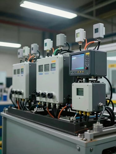 Close-up wide shot of industrial IoT devices mounted on heavy machinery on a factory floor under available fluorescent work light, cables and sensors visible, equipment running at full capacity, slightly desaturated documentary tone