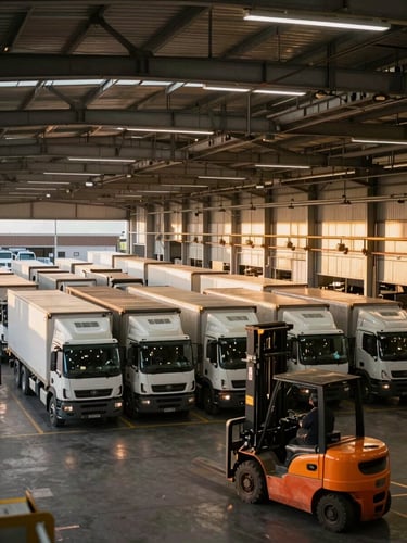 Wide-angle view inside a busy Australian logistics hub at golden hour — a long row of semi-trailers being loaded under high-bay lights, forklifts mid-motion in the foreground, industrial steel and concrete structure framing the depth of the yard, available light spilling through roller doors, slightly desaturated, no people facing camera