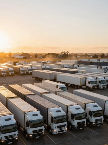 Wide panoramic view of a large Australian logistics fleet yard at golden hour, rows of semi-trailers and rigid trucks parked in formation, dust haze catching low amber light, expansive sky above, industrial scale evident