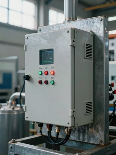 Close-up of an industrial IoT gateway device mounted on a steel panel inside a processing facility, hardened enclosure showing field wear, indicator lights active, conduit cabling visible, overcast ambient light from high factory windows