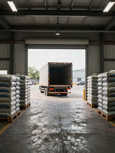 Panoramic wide-angle view inside a loading dock bay at an industrial supply warehouse, double-height overhead doors open to reveal a loaded flatbed truck backed up to the dock, bulk pallets of bagged cement stacked on the dock floor ready for staging, diffused natural daylight streaming through the open bay doors, overhead warehouse fluorescents filling the interior, no human presence, framing emphasizes operational scale and inventory readiness