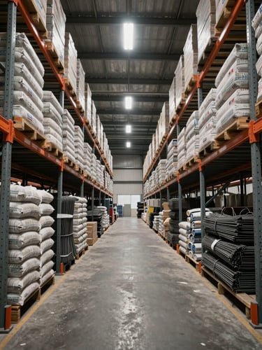 Wide panoramic view inside a large industrial warehouse, looking down a long aisle flanked by towering steel racking loaded with bulk construction materials — stacked cement bags, coiled rebar bundles, boxed hardware — diffused overhead warehouse lighting casting even illumination across the inventory depth, no human presence, framed to show scale and stock volume from a low wide angle
