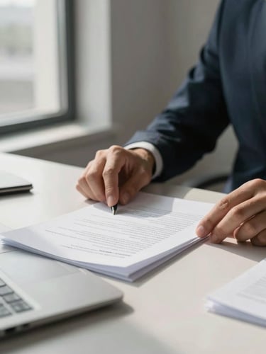 Close-up of hands carefully reviewing a legal document on a pale desk, north-facing daylight from a tall window to the left, papers and a pen visible in the foreground, calm professional office environment out of focus behind