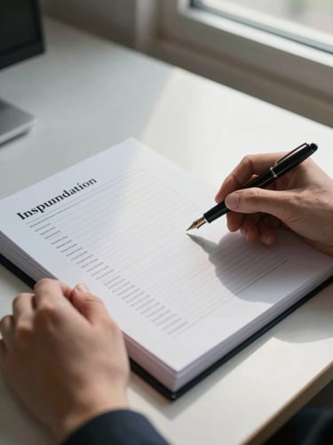 Close overhead shot of hands turning through a thick immigration case file on a white desk, a fountain pen resting across the open page, north-facing window light casting clean soft shadows, no faces visible