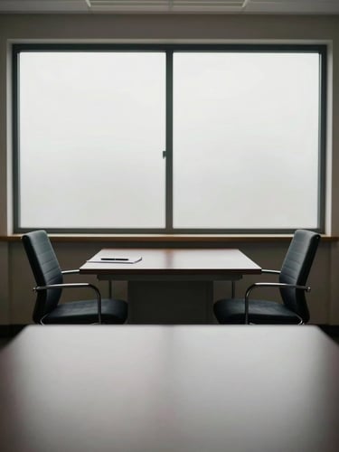 Wide environmental shot of a calm professional meeting room, two chairs angled toward each other across a narrow table, a single notepad and pen in frame, north-facing daylight through frosted glass, no people present, quiet and ordered