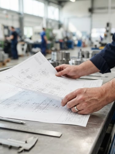 Hands of an engineer holding a technical blueprint on a clean steel workbench, bright natural daylight, sharp focus on the document, professional editorial style