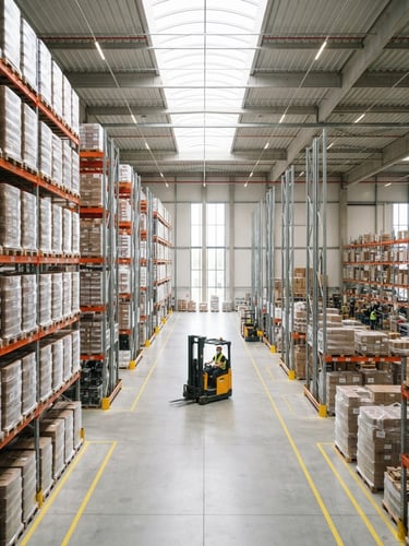 Crisp industrial photography of a perfectly organized warehouse, bright natural daylight, clean lines, professional editorial style