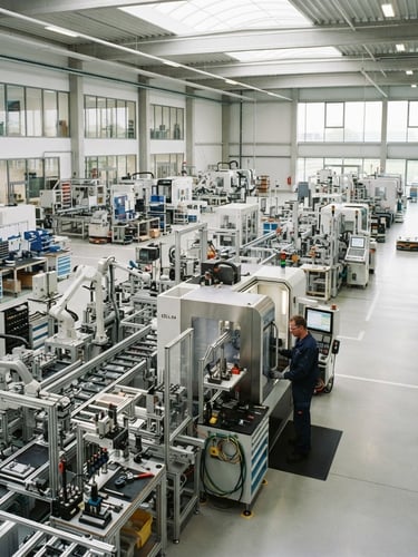 Crisp industrial photography of a clean modern factory floor, bright natural daylight, organized machinery in sharp focus, professional editorial style, 35mm