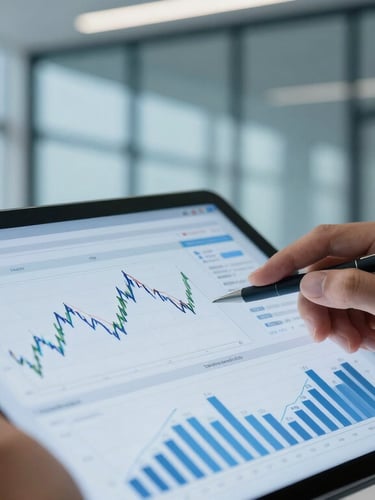 Close-up of a professional analyzing complex financial graphs on a tablet, architectural glass background, clean cool office lighting, 35mm