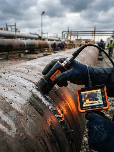 Macro close-up of an ultrasonic NDT probe scanning a heavy steel weld on a pipeline, high-contrast industrial lighting, orange diagnostic screen glow on the metal, dramatic overcast outdoor daylight, 35mm