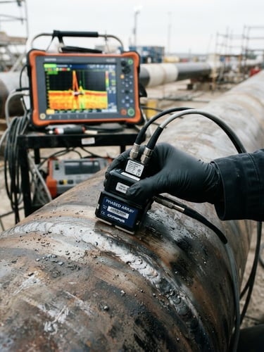 Close-up macro photography of a high-tech ultrasonic phased array probe scanning a thick welded steel joint on an industrial pipeline, safety orange diagnostic screen glowing in the background, high-contrast overcast daylight, 35mm