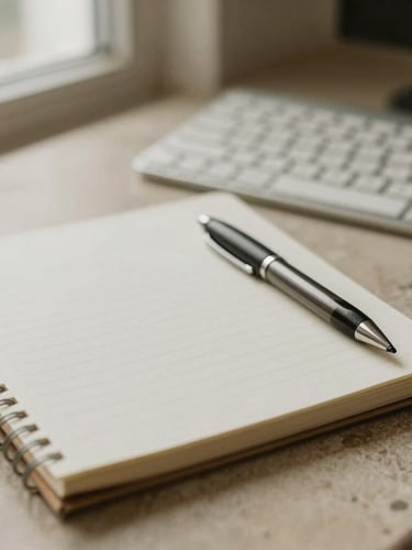 A notebook and pen resting on a linen texture beside a keyboard, soft natural light, warm stone tones, 35mm shallow depth of field, desaturated.