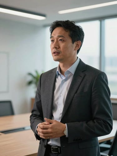 Candid editorial portrait of a business leader speaking in a modern boardroom, natural side lighting, soft focus background of a clean architectural space.