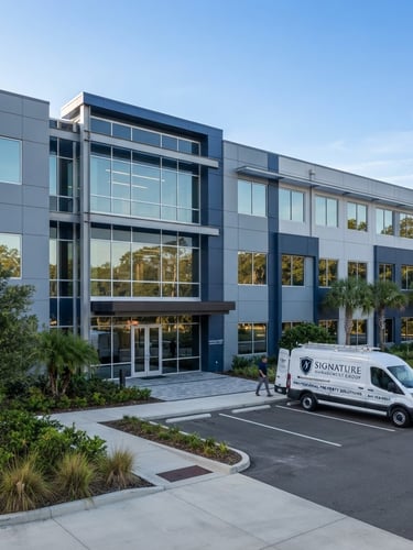 Wide architectural shot of a modern commercial building exterior, crisp morning daylight, clean slate and navy tones, sharp focus, with a branded Signature Management Group service vehicle parked neatly to the right.