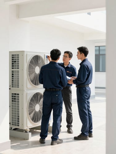 Professional team member in corporate-casual attire inspecting a modern HVAC system in a commercial building, bright, clean light, focused on detail, architectural framing.