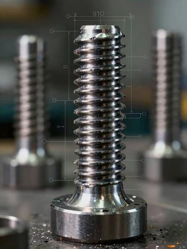 High-contrast close-up of precision-machined steel tool threads under harsh industrial workshop lighting, technical blueprint lines subtly overlaid