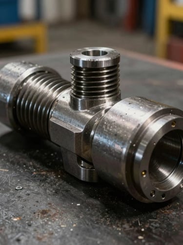 A heavy-duty mud motor tool joint with precision-machined steel threads resting on a dark workshop floor, harsh directional industrial lighting