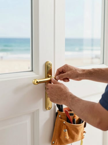Close-up of a neat tool belt and a technician in a branded navy shirt precisely installing a brass door handle on a clean white coastal door, bright natural daylight.