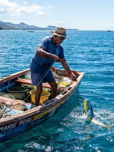 Vivid editorial photography of a Mauritian fisherman on a traditional wooden boat pulling a hand-line, glistening deep blue Indian Ocean water, harsh bright tropical sunlight, sharp focus, 50mm.
