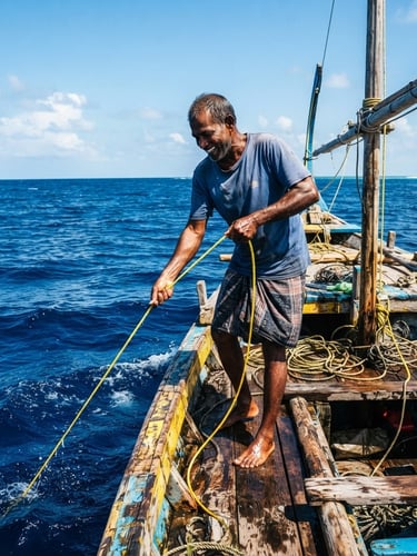 A local fisherman on a traditional wooden boat pulling a handline in the deep blue waters of the Indian Ocean, bright tropical sunlight, high contrast