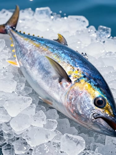 High-key crisp studio shot of a whole fresh yellowfin tuna resting on a bed of crushed ice, glistening scales, clear eyes, bright tropical sunlight, sharp focus, 50mm.