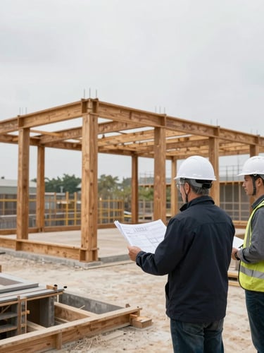 Professional architectural photography of an active high-end building site, a senior engineer in a white hardhat examining structural technical blueprints with a site supervisor, natural overcast daylight.