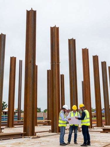 Wide-angle architectural shot of an active high-end construction site in Vietnam, structural steel columns rising, professional engineers in branded safety gear reviewing blueprints on-site, overcast daylight, sharp details.