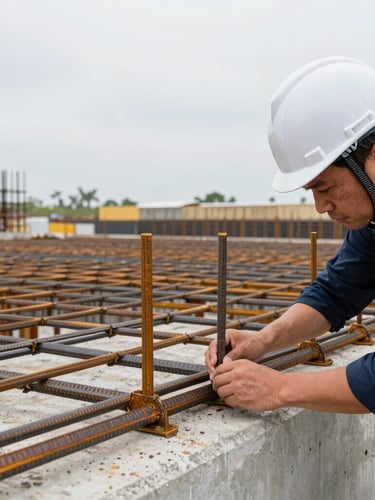 Close-up of a professional engineer in a clean white hardhat inspecting steel reinforcement joints on a concrete platform, overcast natural daylight, sharp details, industrial refined style.