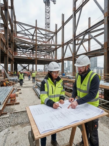 Wide-angle architectural shot of an active construction site, engineers in branded safety gear and white hardhats examining structural blueprints, overcast daylight, steel frames visible.
