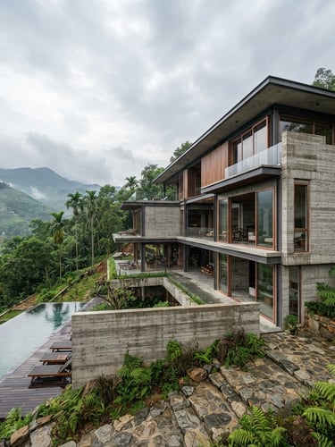 Wide architectural photograph of a modern luxury concrete and steel villa in Vietnam, overcast daylight, strong geometric lines, raw concrete textures, copper accents on window frames, off-center composition