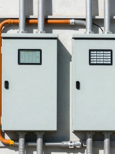 A high-contrast outdoor shot of a newly installed commercial electrical panel and conduit lines, bright California daylight, sharp focus.