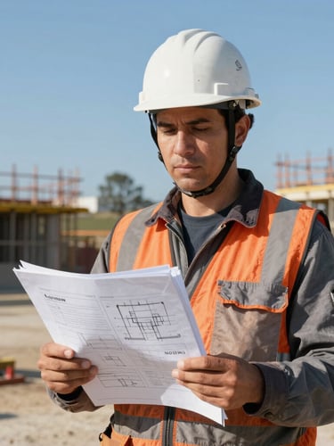 A high-contrast environmental portrait of a utility consultant in a hardhat holding technical schematics on a bright Northern California construction site, natural daylight, cool tones with orange accents, sharp focus, 35mm
